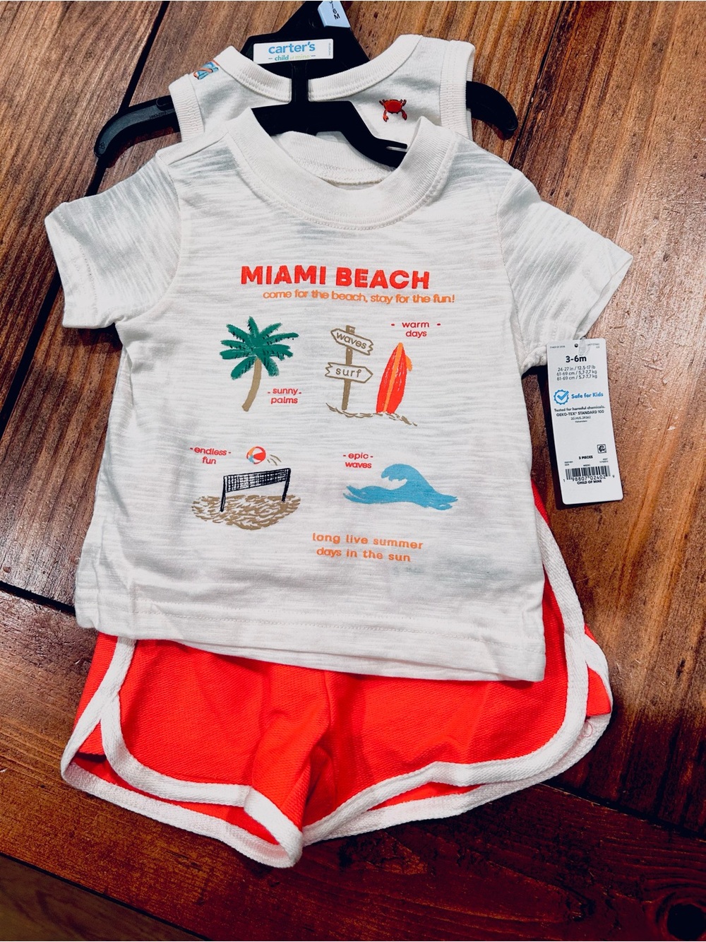 Carter's Miami Beach Tee with Bright Red Trim Shorts and onesie- new with tags